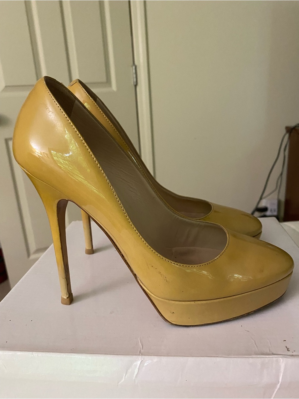 Yellow Patent Leather Platform Pumps - Women